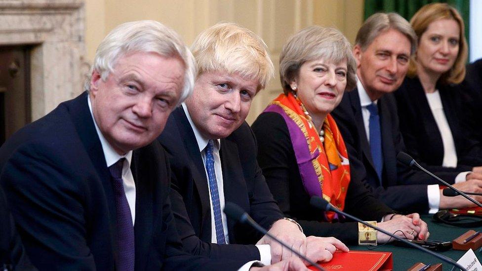 David Davies Secretary of State for Exiting the European Union, Foreign Secretary Boris Johnson, British Prime Minister Theresa May, Chancellor of the Exchequer Philip Hammond and Home Secretary Amber Rudd in November 2016