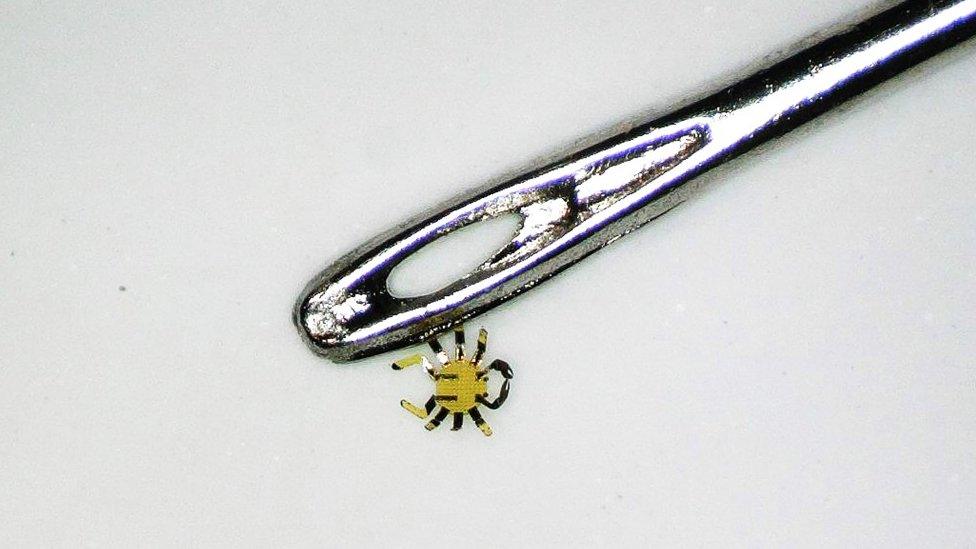 tiny robot crab next to pin