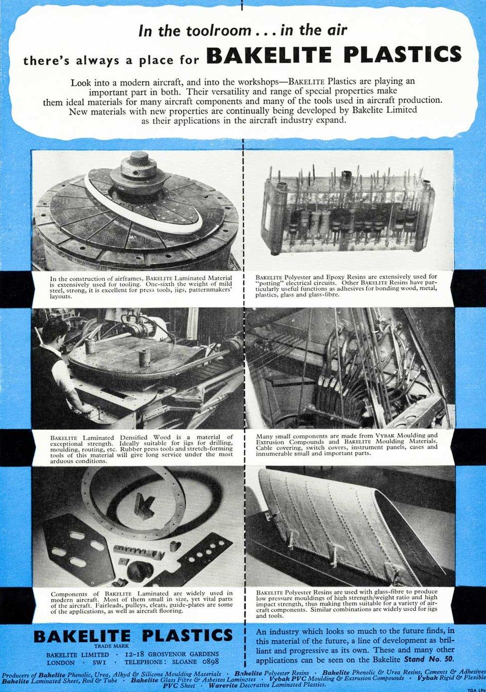 An advert for Bakelite plastics in an aircraft industry trade magazine circa 1955