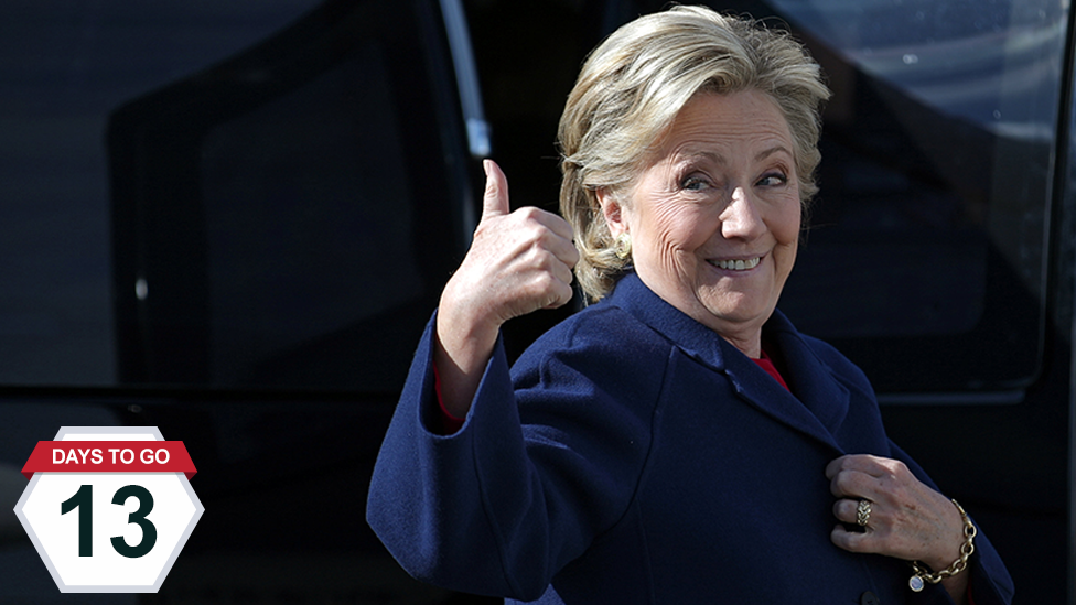 Hillary Clinton reacts before boarding her campaign plane at the Westchester County airport in White Plains, New York - 25 October 2016 (Reuters)