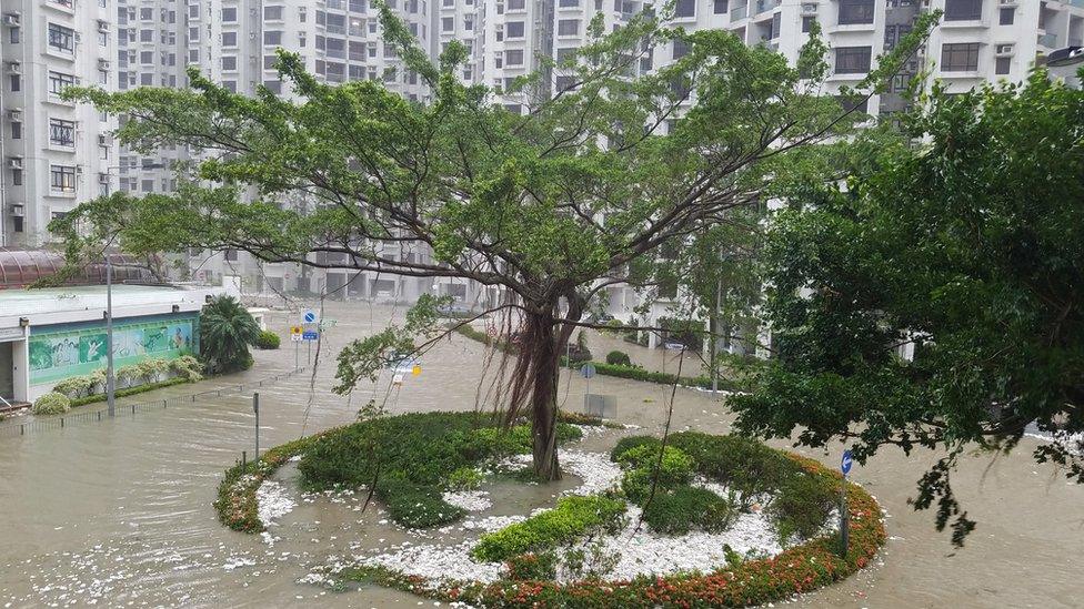 Water brought by high waves washed ashore in Heng Fa Chuen in Hong Kong on 16 September 2018.