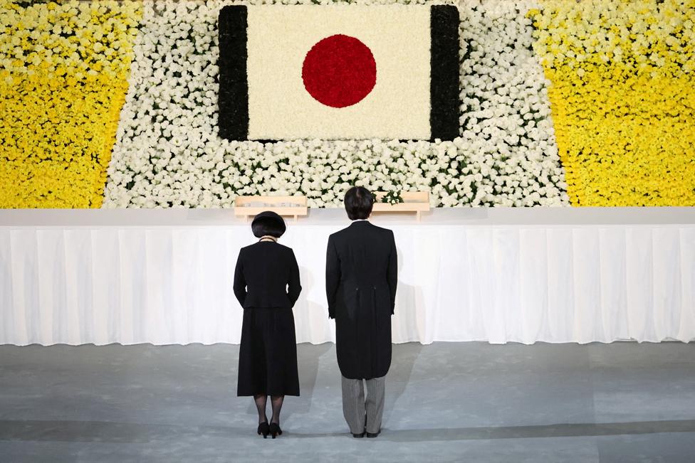 Japan's Crown Prince Akishino and Crown Princess Kiko pay respect during the state funeral for Japan's former prime minister Shinzo Abe at the Budokan in Tokyo, Japan on 27 September 2022.