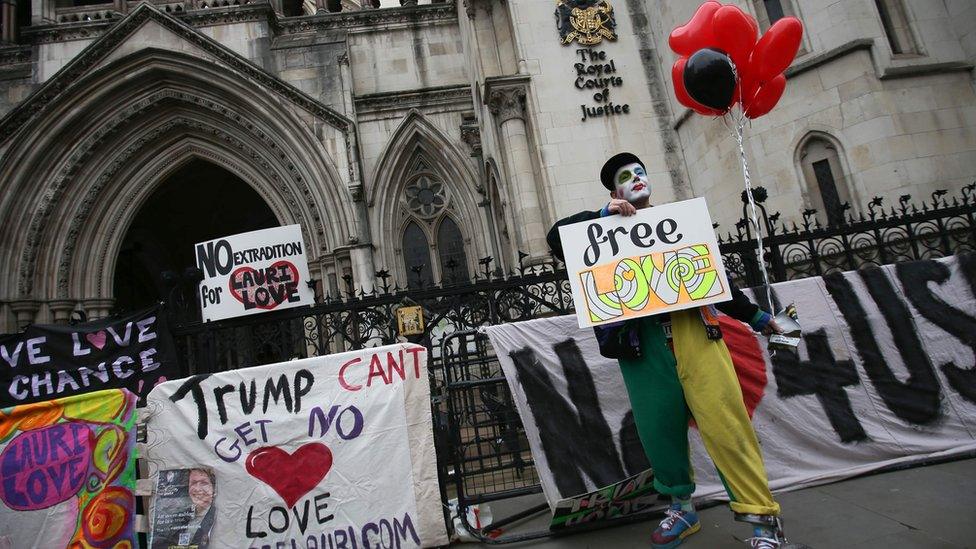 Lauri Love supporter dressed as a clown outside court