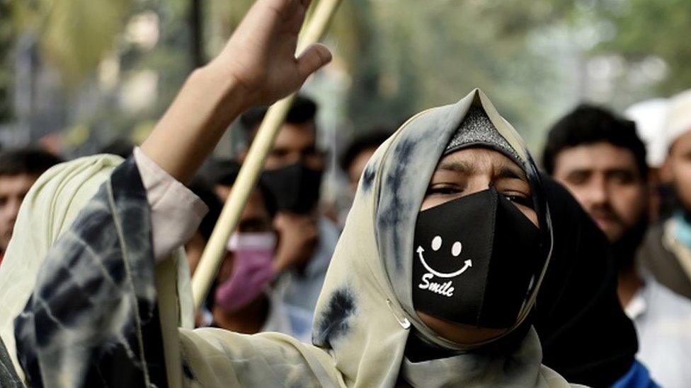 Students of Aliah University shout slogan, carry banners as a part of protest against the Hijab (A Muslim Dress) ban in few Karnataka college, Kolkata, India, 09 February,