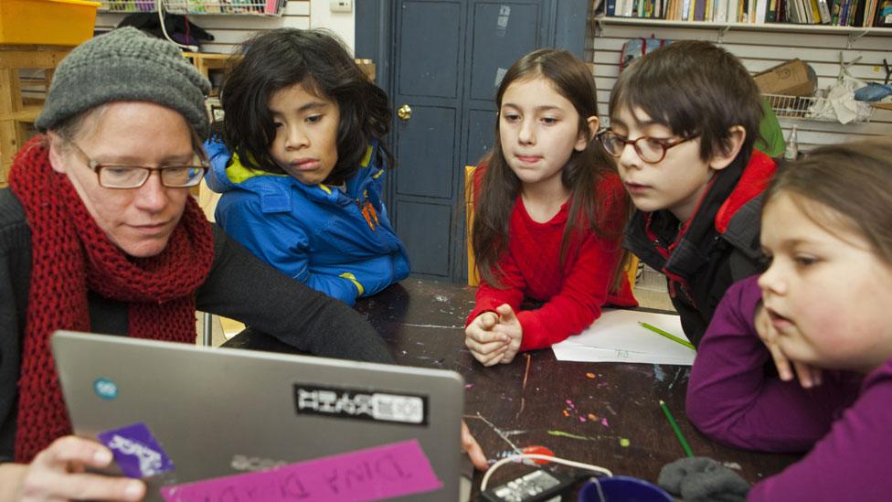 Teacher Dina Gjertsen with children at Parts and Crafts Center for Semiconducted Learning