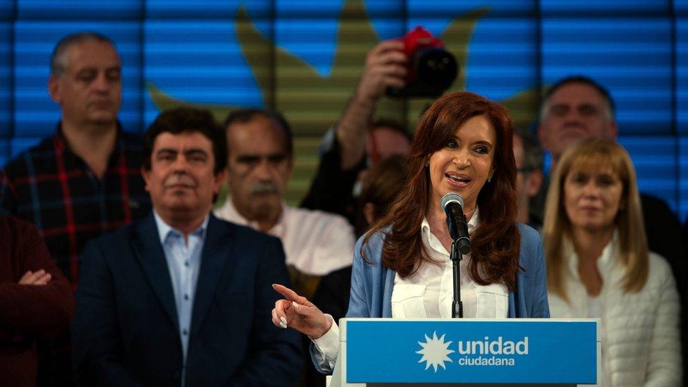 Argentina's former President Cristina Fernandez de Kirchner gives a speech near Buenos Aires