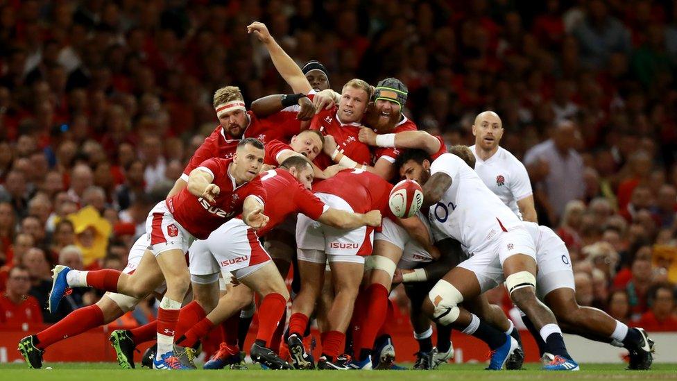 Wales players in a scrum