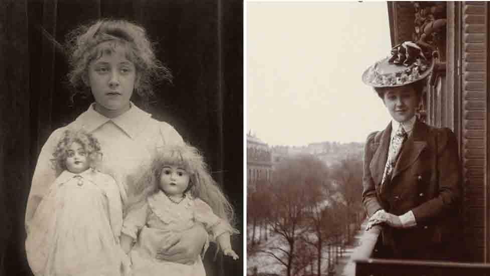 A young Agatha Christie with some dolls and as adult in Paris