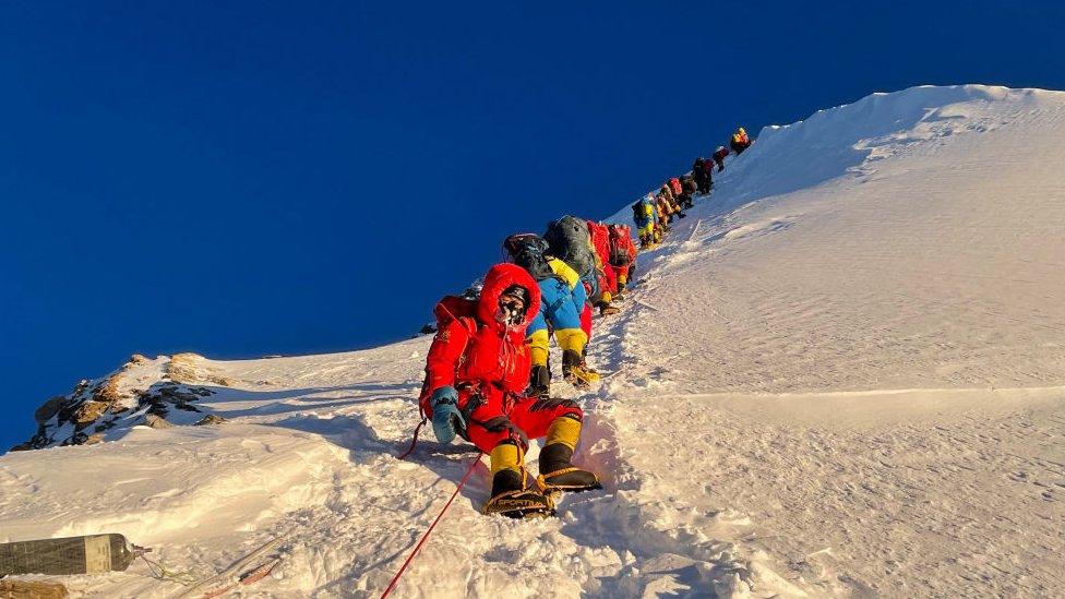 Mountaineers during their ascend to summit of Mount Everest (8,848.86-metre)