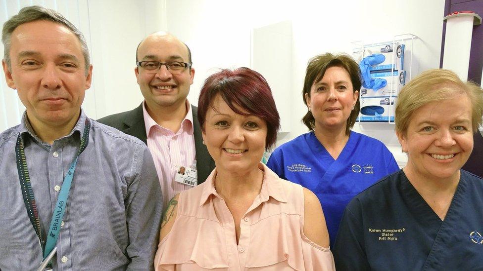 A photo of Debbie with the maxillofacial team at Morriston Hospital