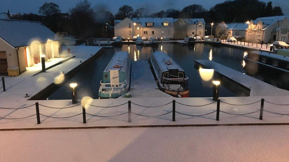 Snowy marina at Ratho near Edinburgh