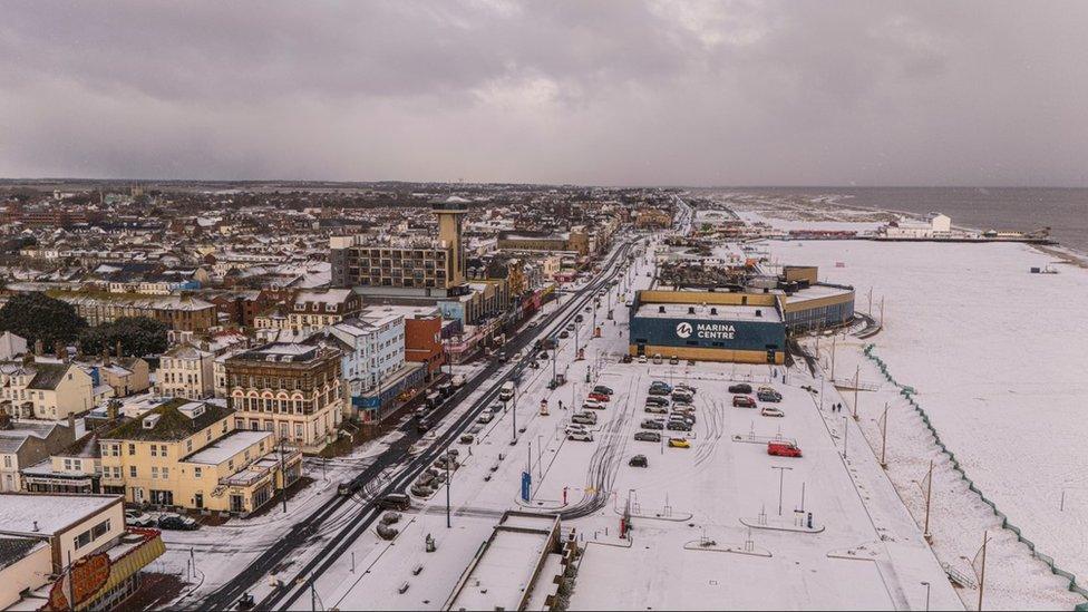 Great Yarmouth seafront after snowfall on 15 January 2024