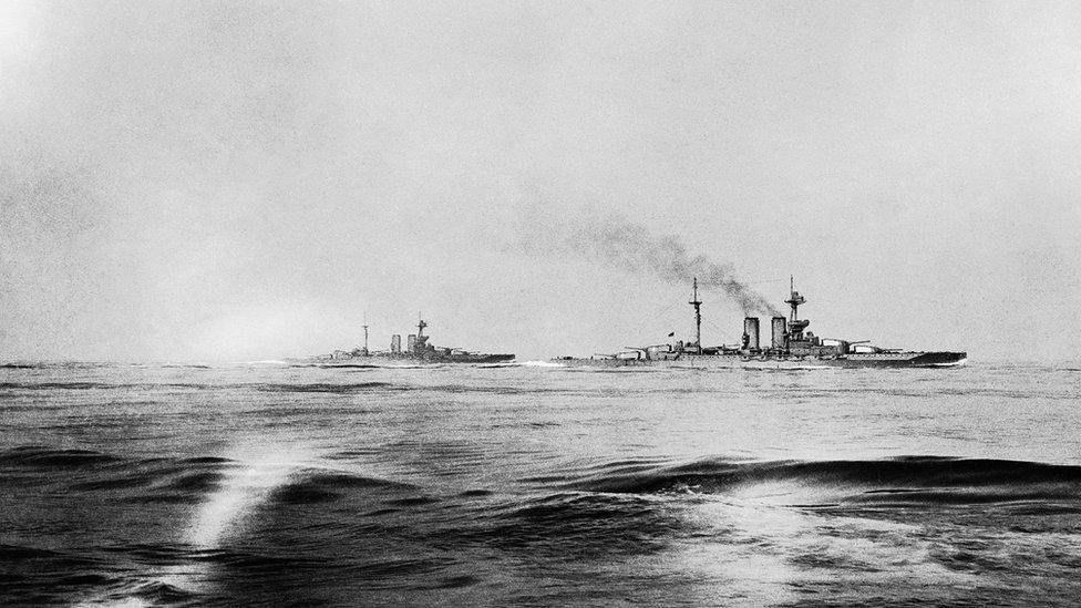 HMS Warspite and HMS Malaya seen from HMS Valiant during the Battle of Jutland