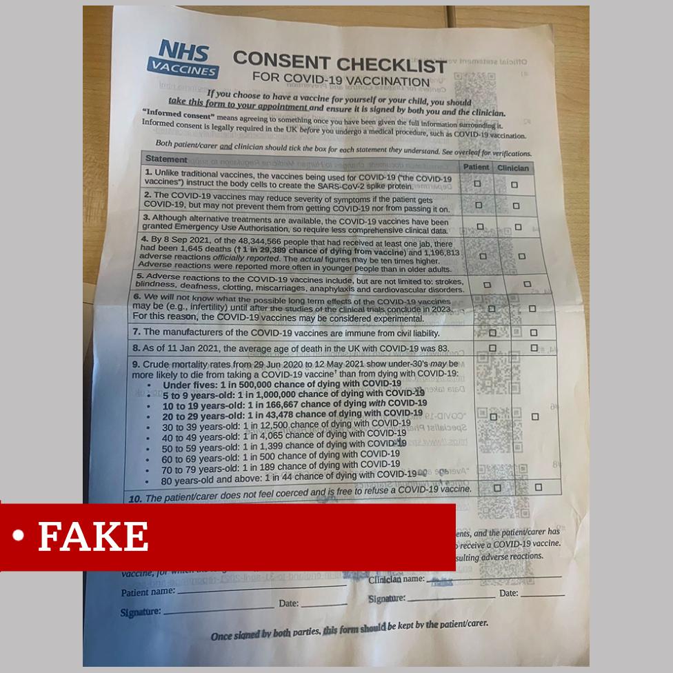 letter headed NHS Vaccines: consent checklist for covid vaccines. includes a list of false and misleading claims including about adverse reactions and risk of death from the vaccine