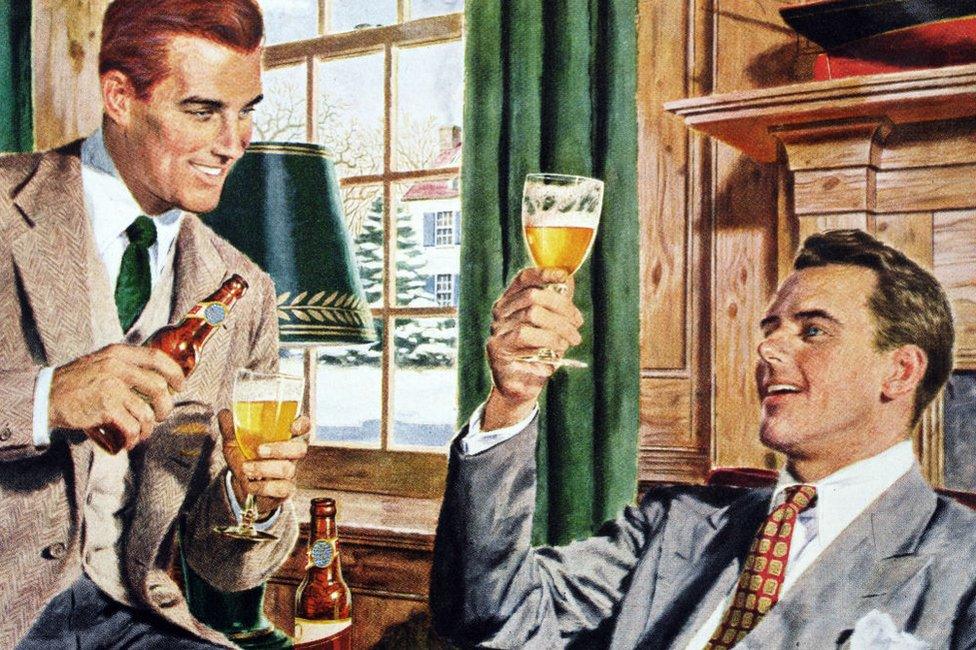 Two professional American men drinking beer in a suburban home, c. 1945. Screen print.