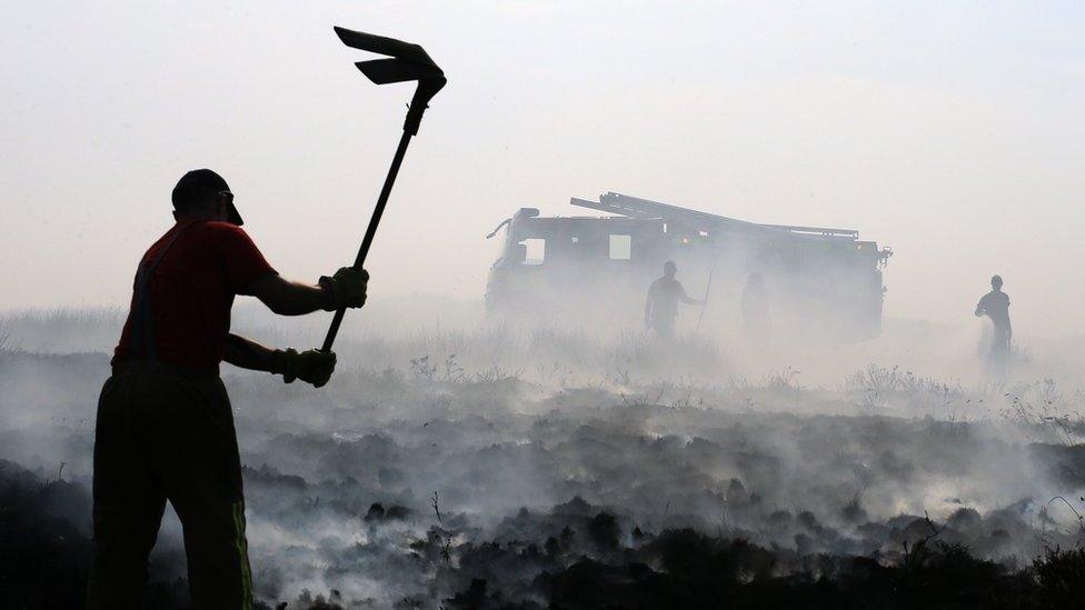 Fire fighters beat out wildfires on Winter Hill near Rivington in Lancashire, north west England on 1 July 2018.