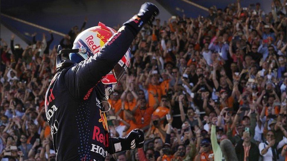 Red Bull"s Max Verstappen celebrates after winning the Dutch Grand Prix