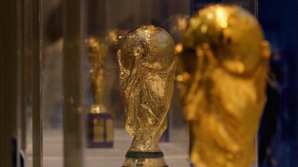 The FIFA World Cup Trophy is displayed during the Italian Football Federation trophies exhibition in Rome