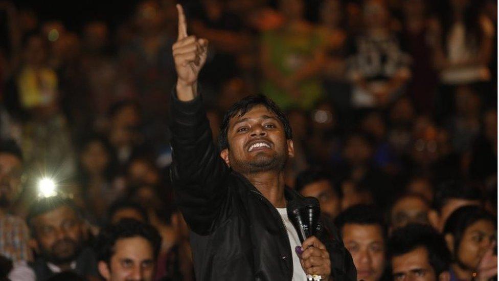 Kanhaiya Kumar (C), the students" union president of Delhi"s Jawaharlal Nehru University (JNU), addresses the JNU activists and students in New Delhi, India, 03 March 2016.