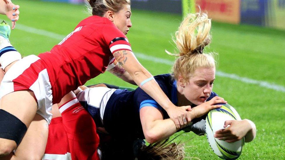 Megan Gaffey of Scotland, scoring a try