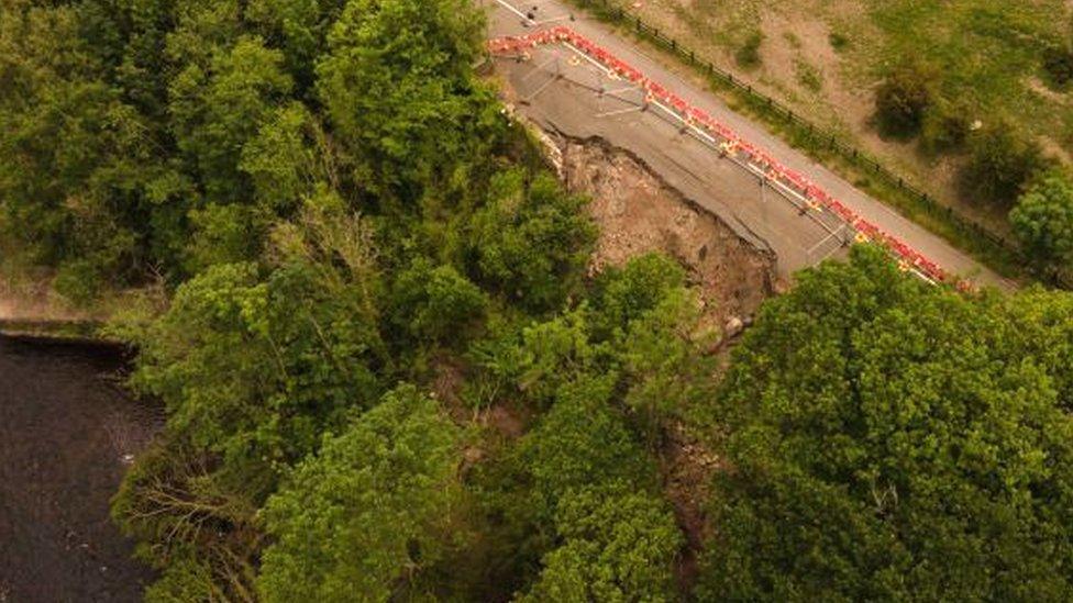 Aerial view of closed B5605 south of Wrexham