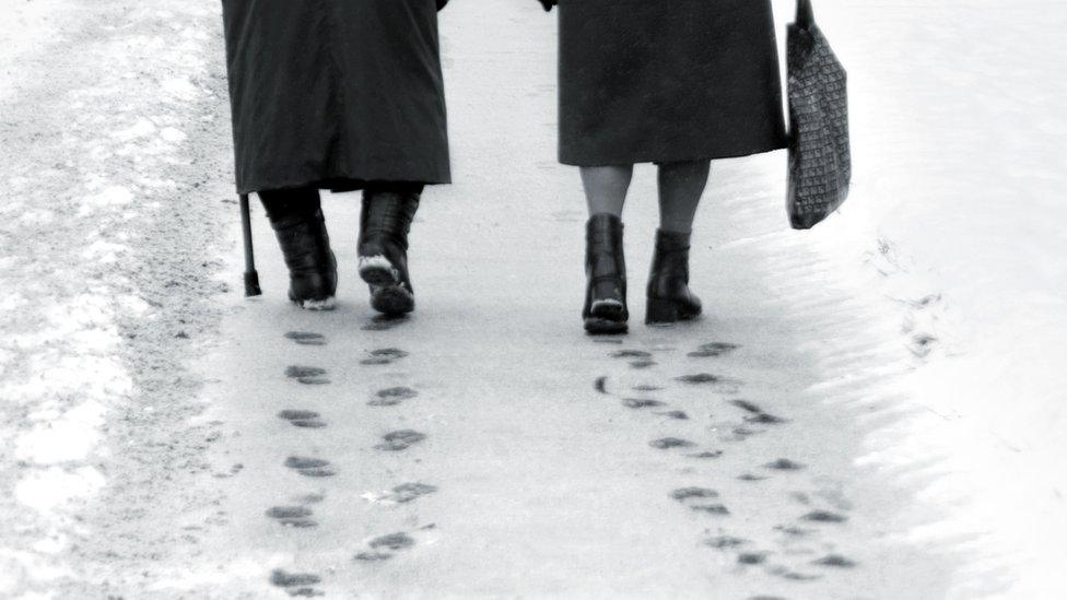 Elderly pair walking on snow