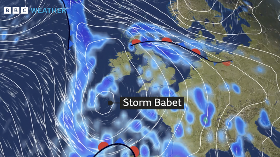 Meteorological pressure chart showing location of Storm Babet to the south-west of the UK