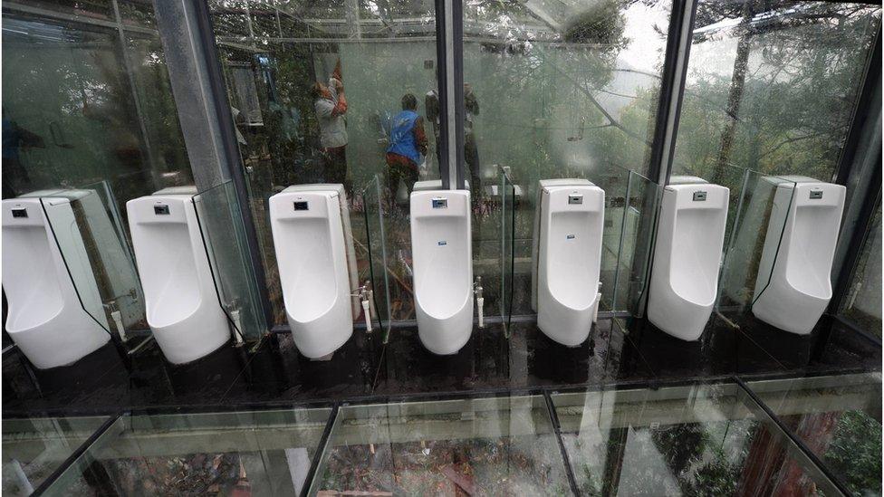 A row of men's urinals in the glass room. Changsha, China, 29 September 2016.