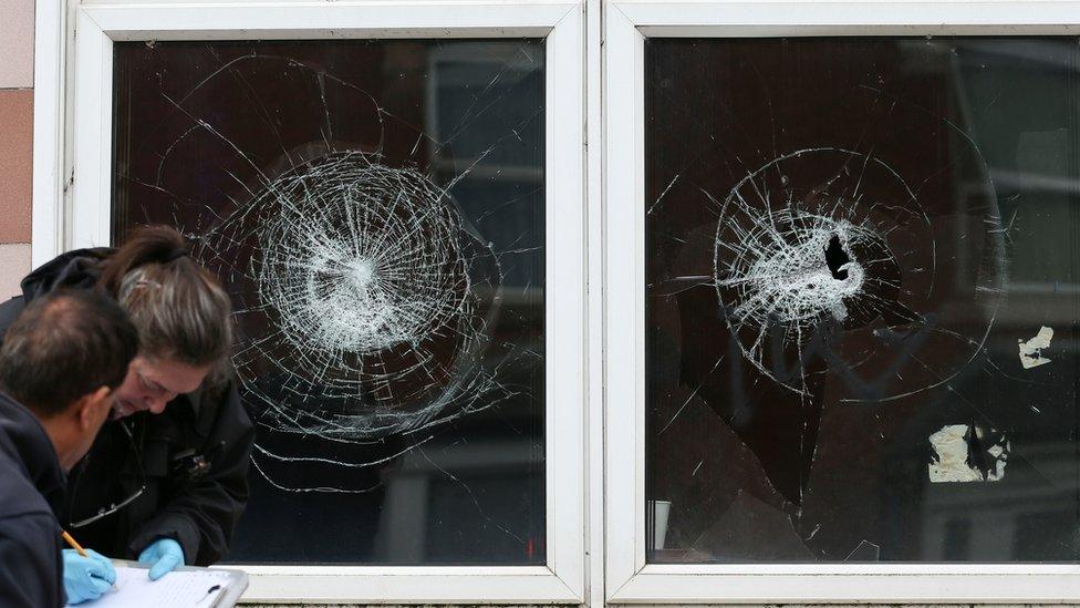 Smashed windows at the mosque and community centre on Albert Road