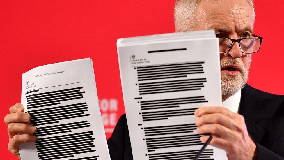 Labour leader Jeremy Corbyn presents redacted documents as he speaks during an election policy announcement on the NHS in London, 27 November 2019