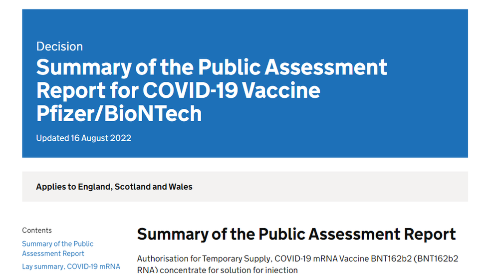 A webpage reading: Summary of the Public Assessment Report for COVID-19 Vaccine Pfizer/BioNTech. Updated 16 August 2022