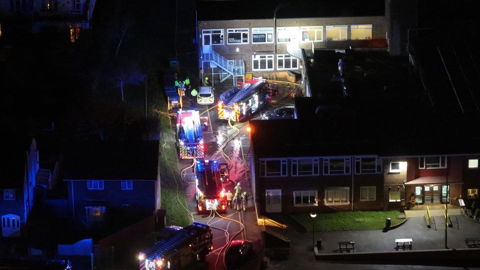 Fire engines at Blatchington Mill School, in Neville Avenue, Hove,