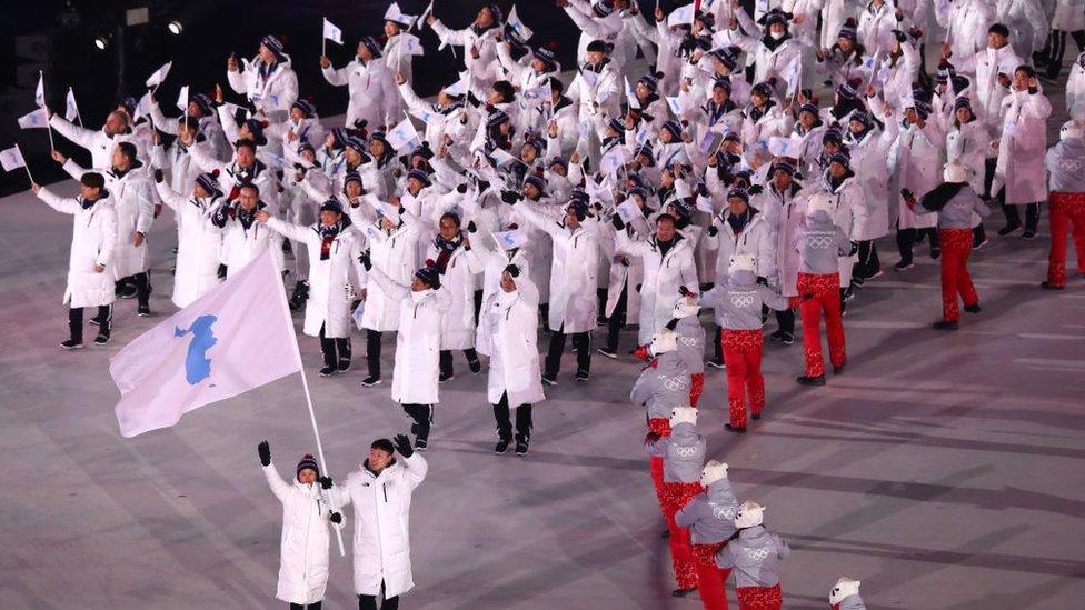 The North Korea and South Korea Olympic teams enter together under the Korean Unification Flag during the Parade of Athletesduring the Opening Ceremony of the PyeongChang 2018 Winter Olympic Games at PyeongChang Olympic Stadium on February 9, 2018 in Pyeongchang-gun, South Korea. (