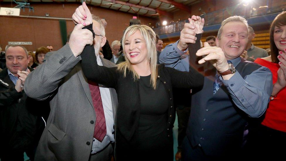 Michelle O'Neill, Sinn Féin's Northern leader, celebrates winning her seat at the Seven Towers Leisure Centre, Ballymena