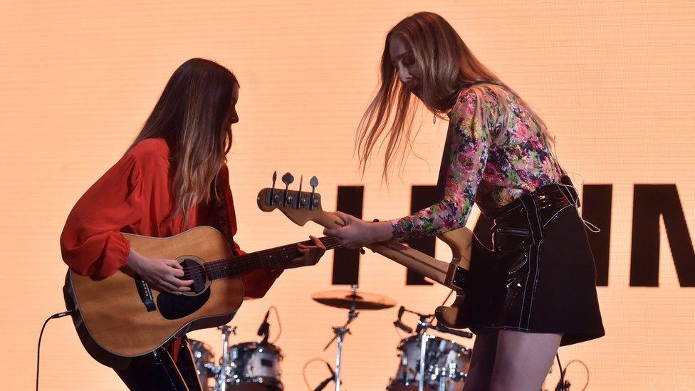 Haim performing on stage at Radio 1's Big Weekend in Hull