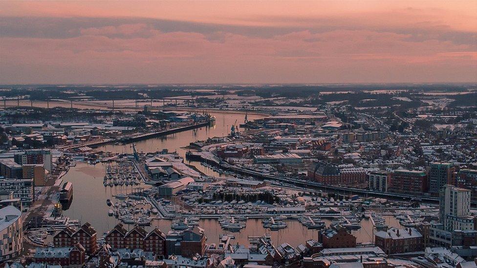 Aerial view of Ipswich at sunset