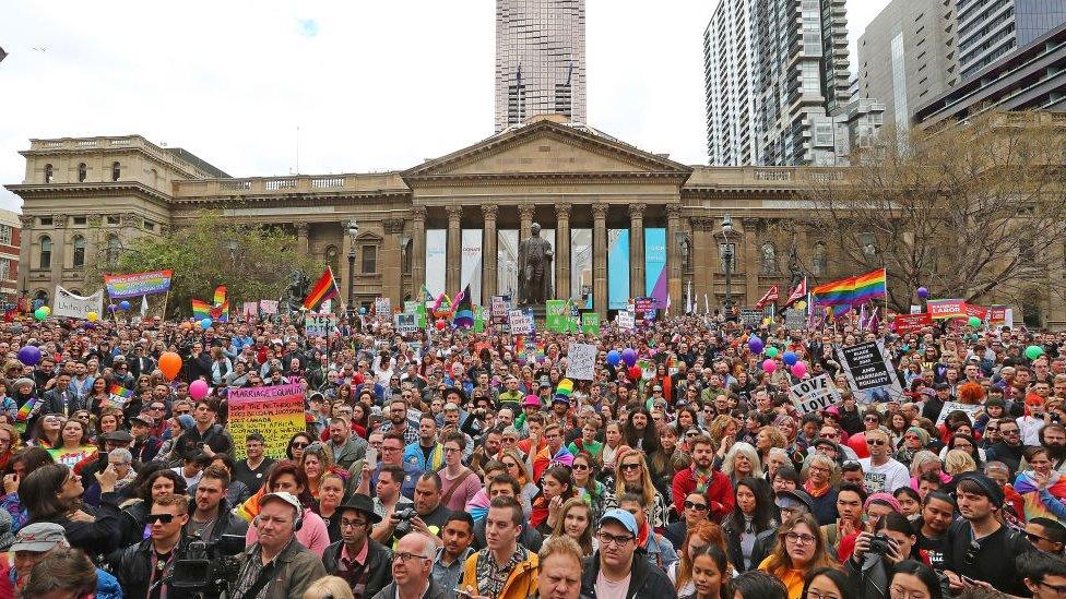 Same-sex marriage advocates hold a rally in Melbourne last month