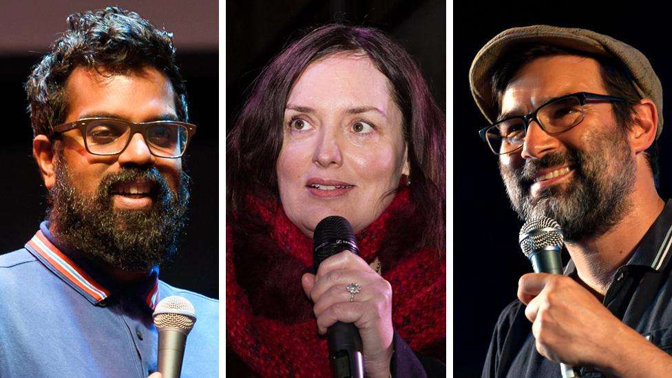 podcasters: Romesh Ranganathan, Deborah Frances-White and Adam Buxton