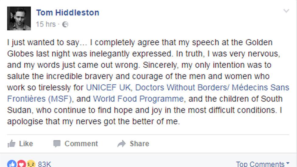 Tom Hiddleston's Facebook post