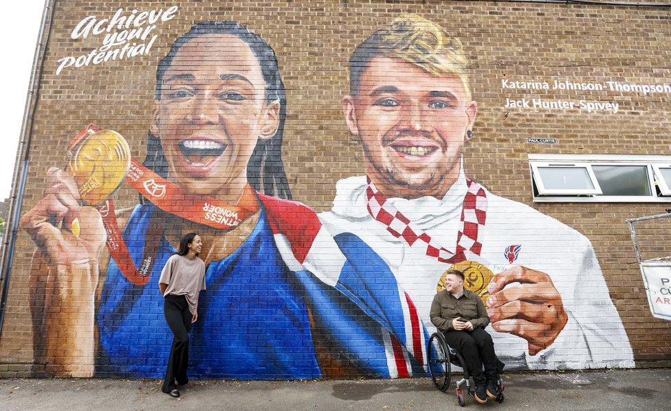 Mural of Katarina Johnson-Thompson and Jack Hunter-Spivey