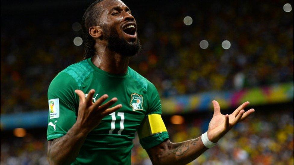 Didier Drogba of the Ivory Coast celebrates his team's first goal during the 2014 FIFA World Cup Brazil Group C match between Greece and the Ivory Coast at Castelao on June 24, 2014 in Fortaleza, Brazil.