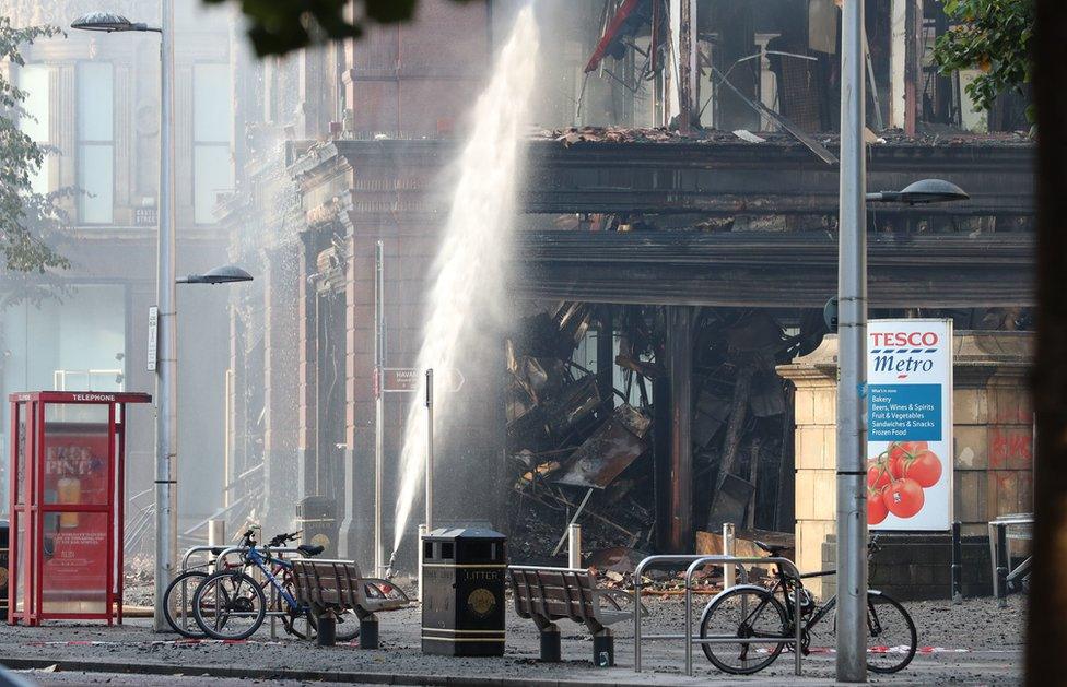 The charred Bank Buildings in Belfast city centre