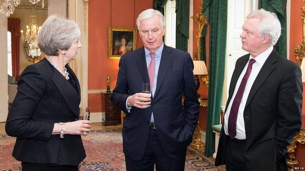 Michel Barnier with Theresa May and David Davis in Downing Street