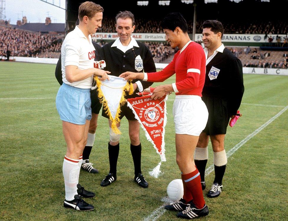 USSR captain Albert Shesterniev (l) shakes hands with North Korea captain Shin Yung Kyoo (r) before the match between the two teams at Ayresome Park