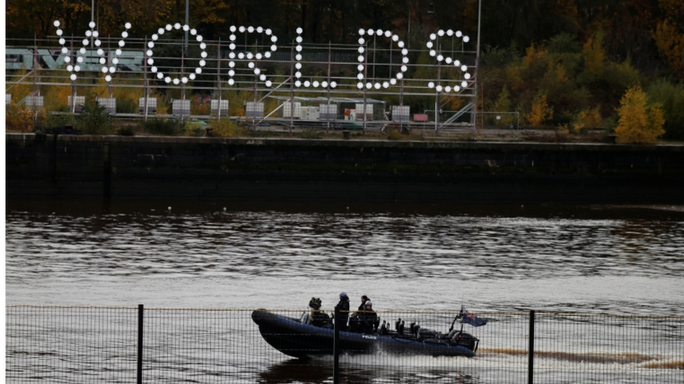 A police patrol on the River Clyde near the summit venue in Glasgow