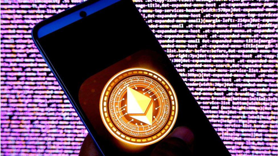 The Ethereum logo seen on a phone