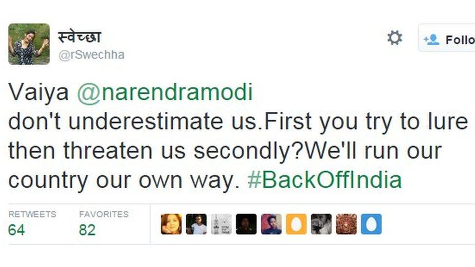 Vaiya @narendramodi don't underestimate us.First you try to lure then threaten us secondly? We'll run our country our own way. #BackOffIndia