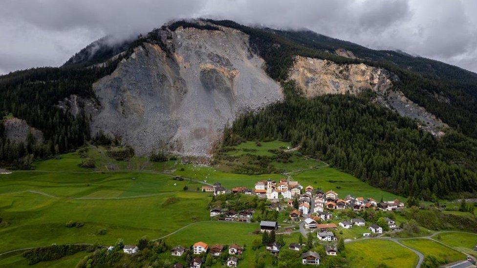 An overview of the village of Brienz and its church in front of the zone of rockslide, Switzerland, May 11, 2023. REUTERS/Denis Balibouse