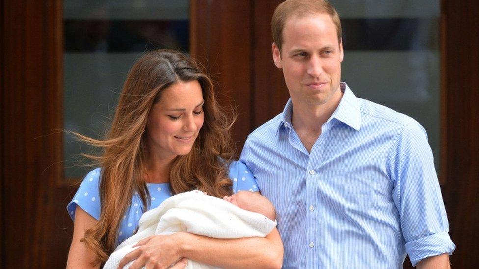 Catherine, Duchess of Cambridge, (L) and Prince William posing for pictures with their new baby son Prince George. Britain's Prince William and his wife Kate have named their new baby boy George Alexander Louis, Kensington Palace announced on Wednesday July 24, 2013. "The Duke and Duchess of Cambridge are delighted to announce that they have named their son George Alexander Louis.