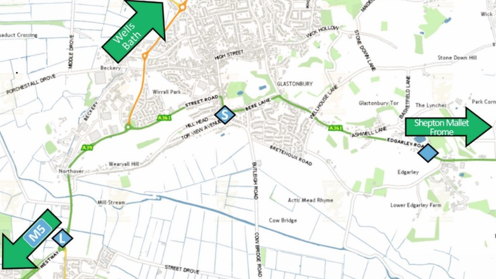 Possible Locations of A361 and A39 bypass at Glastonbury: One bypass would run from the A361 near Edgarley - the short version to Bere Lane (marked S) and the longer route to the A39 (marked L)